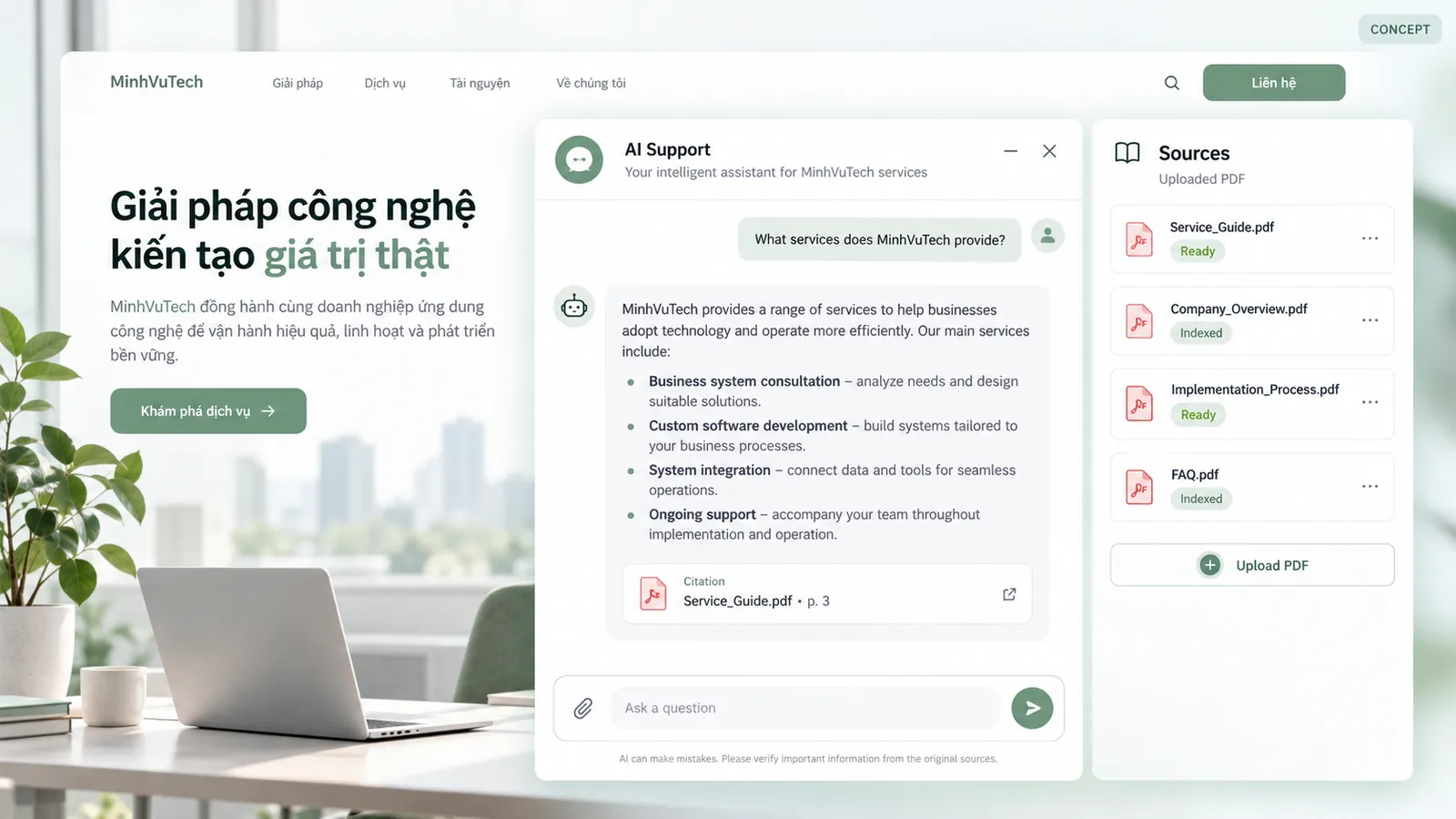 Concept trợ lý AI hỏi đáp tài liệu có dẫn nguồn